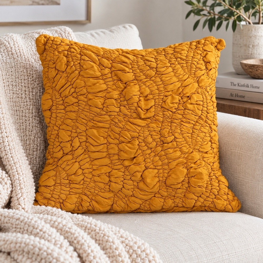 Anthropologie Smocked Textured Pillow Sham Mustard Yellow Cotton 21 x 21